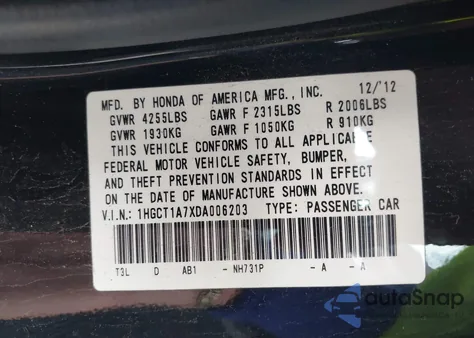 2013 Honda Accord Ex z USA, uszkodzony, nr VIN 1HGCT1A7XDA006203